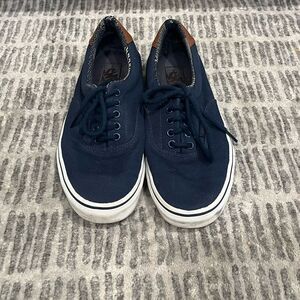 Vans Off the Wall Sneakers Lace Up Skater Navy Blue Brown Leather Size 8.5